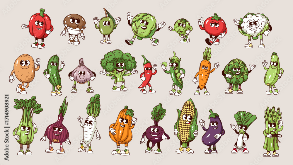 Obraz premium Groovy vegetable cartoon characters set. Funny retro happy with smiles on cute faces, roots and green leaf. Food mascot, cartoon vegetable stickers collection of 70s 80s style vector illustration