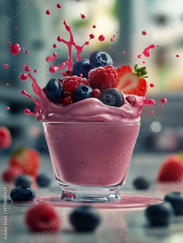 Delicious Berry Frosty Treat With Colorful Toppings and Splashes in a Summer ...