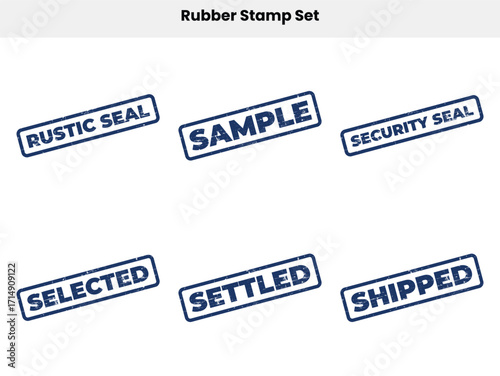 Set of Blue Rubber Stamps with Rustic Seal, Sample, Security Seal on White