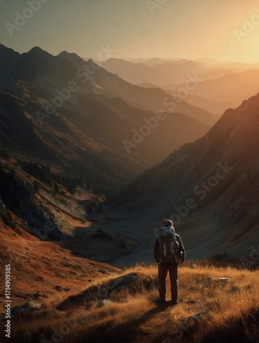 Majestic Sunset in the Mountains With a Hiker Exploring the Serene Landscape