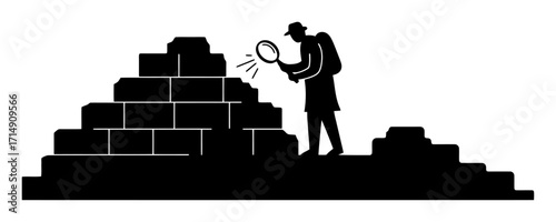 Archaeologist Silhouette Examining Ruins - Vector Illustration