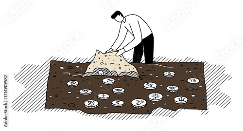 Archaeologist Unearthing Coins - Minimalist Vector
