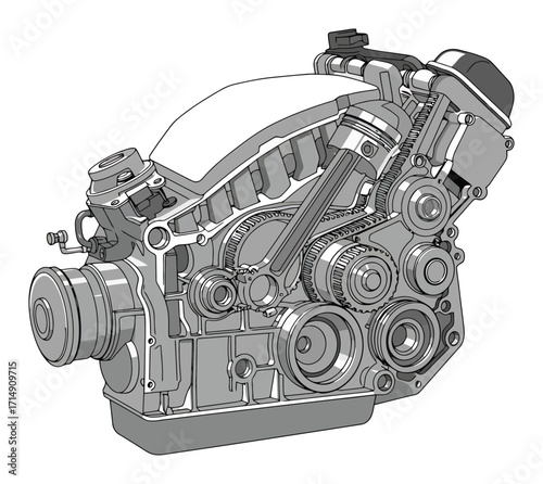 Automotive Engine Cross-Section Vector Illustration