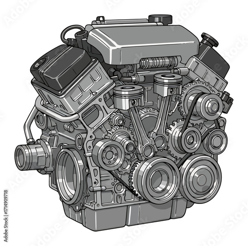 Automotive Engine Cross-Section Vector Illustration