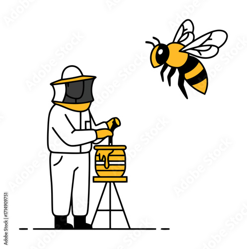 Bee & Beekeeper with Honey Extractor Vector