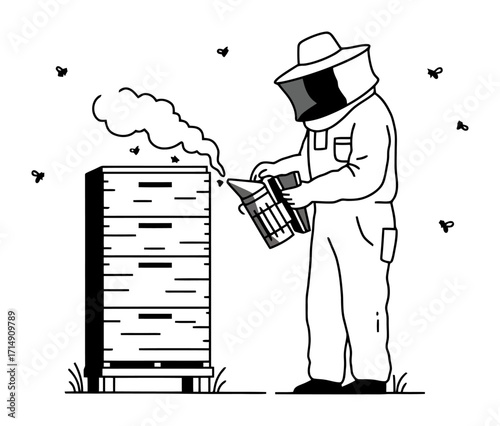 Beekeeper Smoking Hive - Minimalist Vector Design