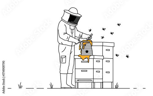 Beekeeper Harvesting Honey Vector Illustration