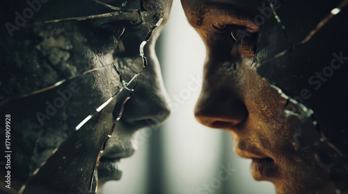 An artistic image of two faces reflected in a shattered mirror. One face is stone, the other gold. The image symbolizes duality, inner conflict, and identity