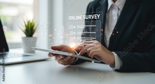 Person using a tablet with a survey displayed on screen in office.