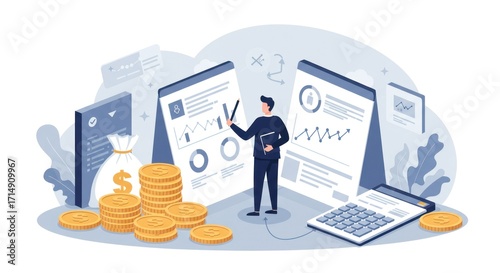 Man analyzes financial data with charts coins calculator and money bag.