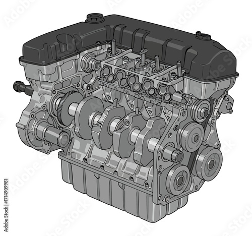 Exploded Car Engine Diagram - Crankshaft & Valves Vector