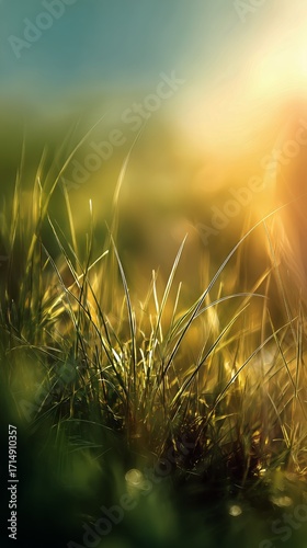 Sunlight Highlights Green Grass in a Serene Landscape During Early Morning Hours