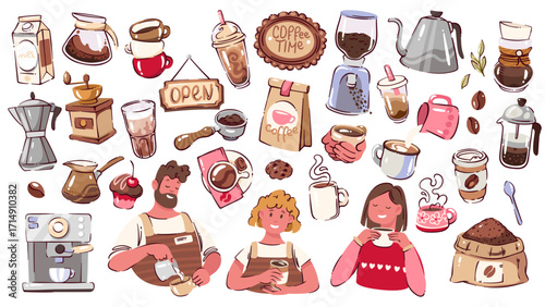 Coffee and coffeehouse cartoon stickers set. Funny espresso coffee machine, moka pot, cup of latte and cappuccino. Barista equipment, drink mascot, cartoon cute collection vector illustration