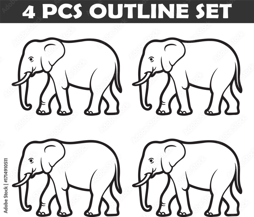 Fototapeta premium Set of Walking Elephant Outline vector illustration isolated On Transparent Background