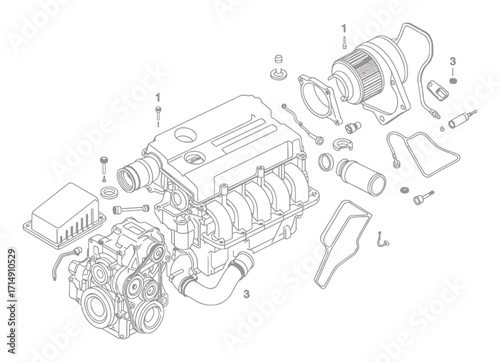 Exploded Engine Air Intake & Filter Vector Illustration