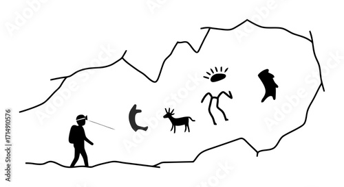 Cave Painting Exploration Silhouette - Vector Illustration