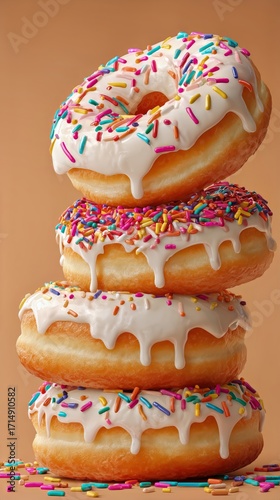 Colorful Stacked Donuts With Sprinkles in a Sweet Display on a Warm Background