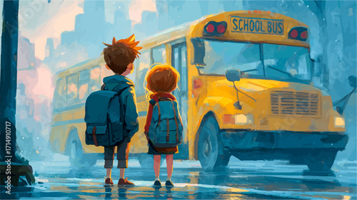 Two young students with backpacks are waiting for their school bus on a rainy morning, ready to start their school day