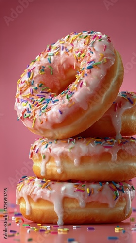Sweet and Colorful Donuts Stacked on a Pink Background With Sprinkles and Glaze