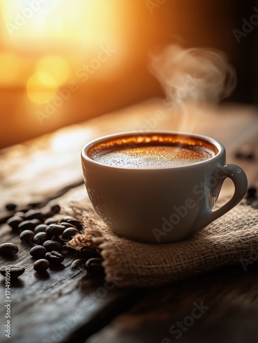 Warm Coffee Cup With Steam on Wooden Table at Sunset With Coffee Beans Around