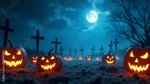 Glowing Jack-o'-lanterns with sinister expressions in a spooky graveyard scene under full moon with dark sky and bare trees