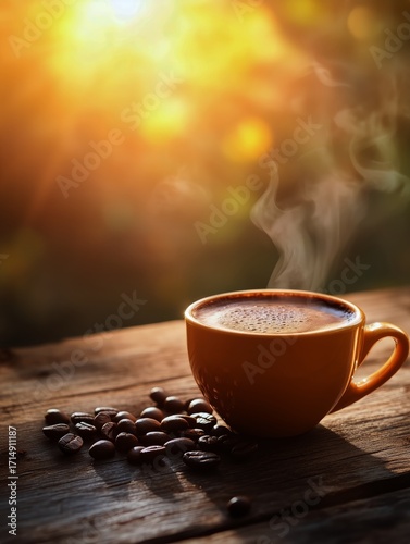 Steaming Cup of Coffee on Wooden Table With Coffee Beans During Sunset