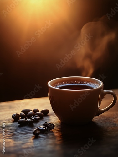 Steaming Cup of Coffee on Wooden Table With Coffee Beans During Sunset.