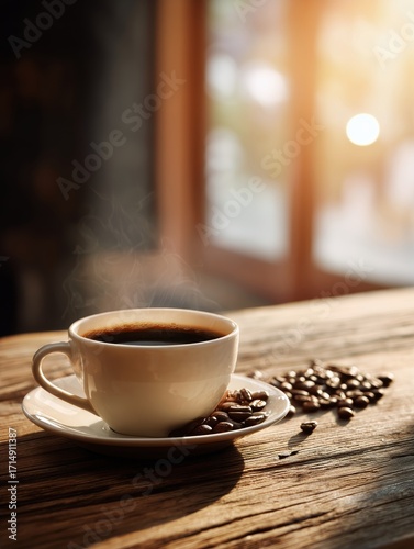 Coffee Cup on Wooden Table With Coffee Beans Near Warm Window at Sunrise