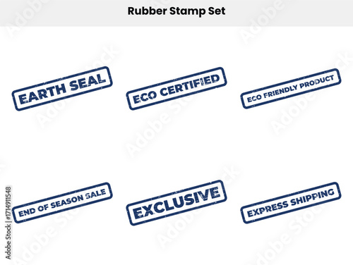 Set of Six Distressed Blue Stamps with Various Messages on White Background