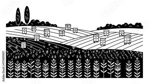 Sustainable Farm Landscape with Beehives - Vector Illustration