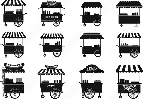 Black silhouette street food carts collection, hot dog vendor stands, mobile snack stalls, vintage market wagons, urban fast food icons illustration