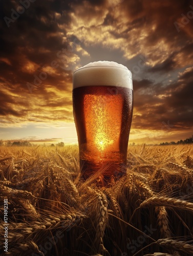 Golden Beer Glass Stands in a Wheat Field at Sunset With Dramatic Clouds