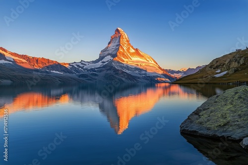 Majestic Mountain Reflection at Sunrise Near Serene Lake in Switzerland