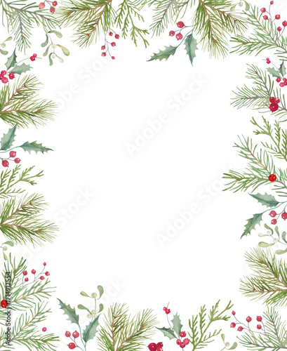  Watercolor Christmas Frame. Hand-Painted Illustration with Pine Branches, Holly Leaves, Red Berries, and Winter Greenery. Vector EPS.
