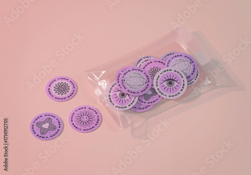 Plastic Pouch Round Sticker Pack Mockup