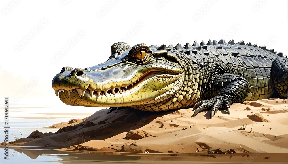 Fototapeta premium A large, detailed illustration of a relaxed caiman resting on a sandy bank, showcasing its textured scales and sharp teeth.