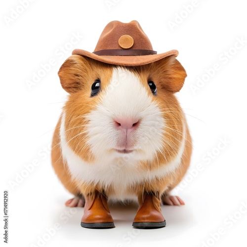Cute guinea pig wearing a cowboy hat and boots on white background