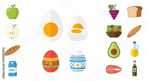 Healthy eating healthy food illustration with apple egg bread avocado salmon milk grapes salad and olive oil for diet plan vector