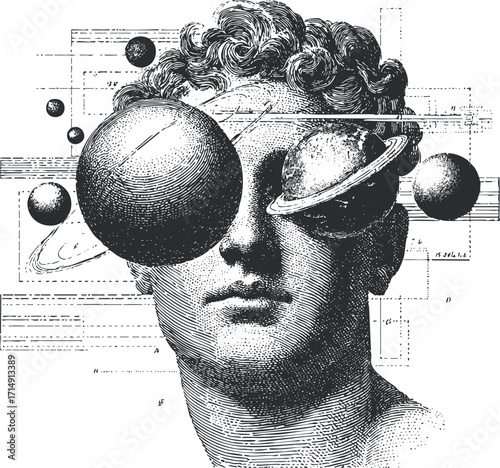 A vintage style illustration of a human head with planets and celestial elements overlaying it.