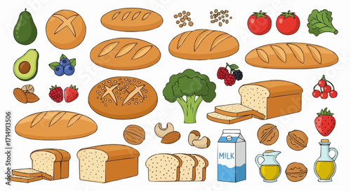 Healthy eating healthy food assortment with bread avocado berries nuts milk and vegetables for balanced diet concept vector