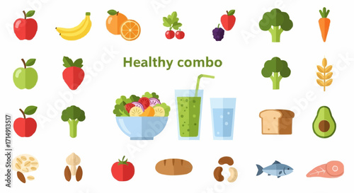 Healthy eating healthy eating and balanced diet concept with fresh fruits vegetables protein and grains for nutrition 100 vector