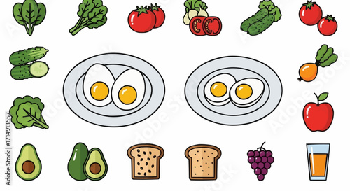 Healthy eating healthy breakfast food illustration with eggs spinach avocado tomato cucumber bread apple grapes juice diet plan vector