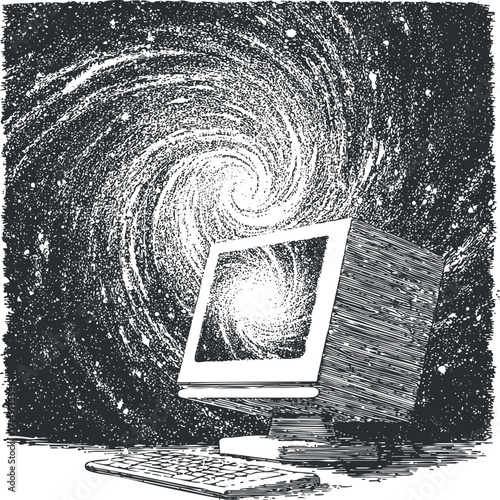 A vintage computer with a galaxy swirling on its screen, symbolizing the connection between technology and the universe.