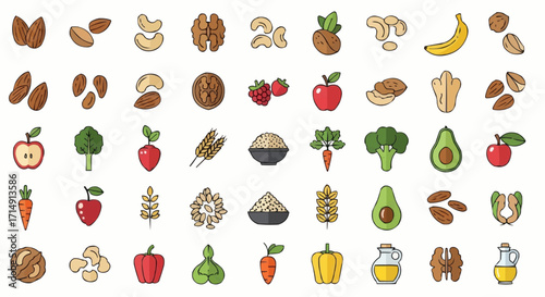 Healthy eating healthy food icons vector set of fruits vegetables nuts grains and oils nutrition diet and vegan food 100 vector