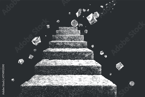 Abstract illustration of floating stairs ascending into space with scattered geometric objects.