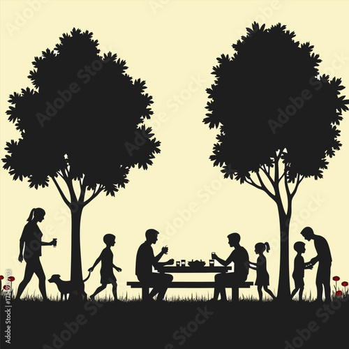 Family picnic in park with trees and dog vector