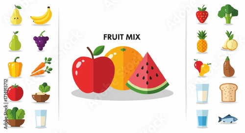 Healthy eating healthy food and fruit mix vector illustration, apple orange watermelon banana strawberry pineapple pear grape carrot vector