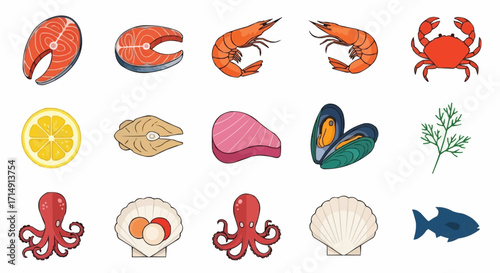 Healthy eating seafood platter illustration featuring salmon, shrimp, crab, mussels, octopus and other seafood items vector