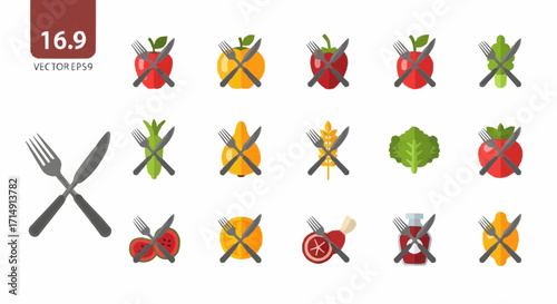 Healthy eating healthy eating concept with fruits and vegetables diet food with crossed cutlery fork and knife nutrition guide vector