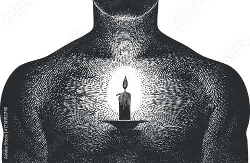 A silhouette of a human torso with a candle emanating light from the chest area.